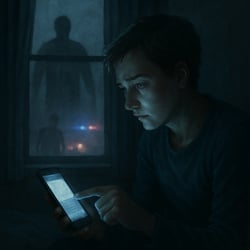 The image depicts a serene yet urgent scene of a person sitting quietly in a dimly lit room illuminated only by the soft glow of a smartphone The indi-1